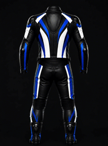 Traje de Motociclismo de Cuero Negro, Blanco y Azul para Hombre, Equipo de Protección Completo para Motociclistas - Product Image 4