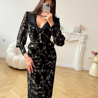 Robe longue vintage à fleurs pour femme avec col à volants à la française, manches longues et taille haute