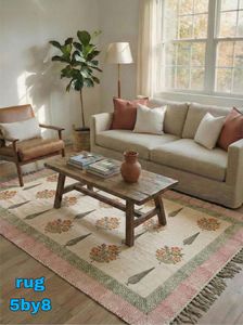 Tapis en coton imprimé floral Buti 5x8 fait main avec pompons, tapis de sol bohème pour salon et chambre à coucher - Product Image 2