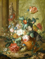 Bouquet de fleurs aux couleurs riches, huile sur toile : Fleurs corailles dans un vase cobalt, coups de pinceau texturés sur toile marron chaud