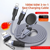 Cable de Carga Múltiple 3 en 2 de Fábrica, 100W PD, con Cargador Magnético Integrado para iWatch, Trenzado de Nailon, Carga Rápida, con Adaptador USB Gratuito