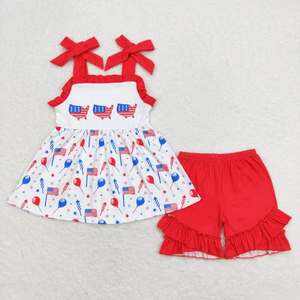 Tenues patriotiques pour enfants RTS 4 juillet, ensembles frères et sœurs en soie de lait à étoiles et rayures, robe smockée pour bébés filles et shorts pour bébés garçons, 2 pièces décontractées - Product Image 2