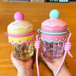 HECION Nouvelle gourde en plastique de grande capacité, forme de dessin animé mignonne, avec paille, bouteille d'eau portable pour enfants, sangle, 450 ml - Product Image 4