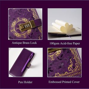 Retro cổ điển da mật khẩu Tạp Chí máy tính xách tay kết hợp khóa hoa dập nổi thiết kế bí mật Nhật Ký lót giấy viết Quà Tặng - Product Image 2