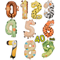 Ballons en feuille d'aluminium numérotés animaux de la jungle de 40 pouces (0-9) – Thème safari dessin animé, ballons à l'hélium pour décorations de fête d'anniversaire pour enfants