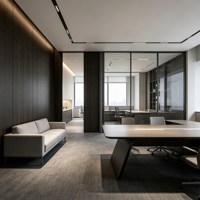 Conception de la disposition intérieure du bureau à partir d'un plan de mobilier, les zones incluent la réception, la salle de réunion, le salon et les bureaux privés
