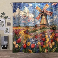 Ensemble de rideaux de douche modernes en tissu imperméable à motif floral, 4 pièces, en polyester, design sans crochets, crochets attachés, facile à laver en machine