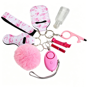 Vente en gros - Ensemble de porte-clés de <span class=keywords><strong>défense</strong></span> personnelle 9 en 1, <span class=keywords><strong>kit</strong></span> de sécurité avec alarme personnelle 140 dB, pompon, rose tie-dye pour femmes - Product Image 5