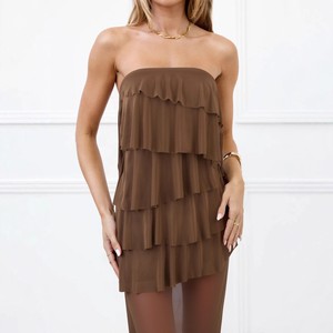 <span class=keywords><strong>Vestido</strong></span> largo irregular de malla con volantes y diseño de patchwork, ajustado, sexy, estilo top tubo para mujer - Product Image 6