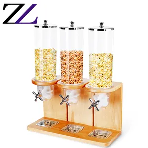Three head solid wood base cereal distributor dry food cereal dispenser container wall-mounted popcorn dried fruit dispenser