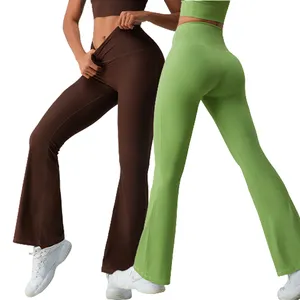 Pantalon de yoga évasé taille haute pour femmes, legging d'entraînement côtelé vert de fitness respirant, leggings de sport évasés, vente en gros