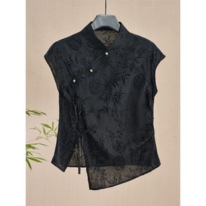 Nueva Blusa Cheongsam de Estilo Nacional <span class=keywords><strong>Chino</strong></span>, Satén Jacquard, Hombros Regulares, Manga Corta, con Botones, para <span class=keywords><strong>Mujer</strong></span>, Verano - Product Image 1
