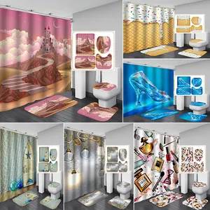 Hot Selling Fashion Rideau De Douche Digital Printing Verstoorde Douchegordijn Set 4 Stuks