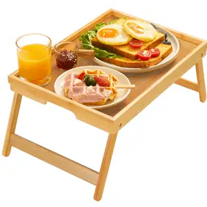 Bandeja de mesa de cama com perna dobrável para laptop, mesa de bambu para lanche, bandeja de madeira para café da manhã