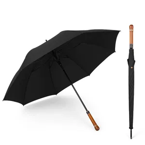 Ahşap saplı siyah otomatik açık düz şemsiye promosyon golf şemsiyesi iş adamı