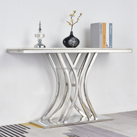 Nouvelle arrivée, table console de style classique en acier inoxydable argenté de luxe avec plateau en marbre, pour salon, entrée, couloir, table d'appoint