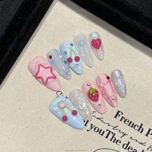 <span class=keywords><strong>Faux</strong></span> Ongles Multicolores Style Fruits 3D Cerise <span class=keywords><strong>Fraise</strong></span> Petits Diamants Amande Moyenne à Presser Ongles Artificiels - Product Image 3