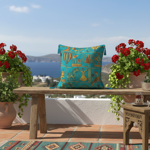 <b>Cushion</b> <b>Cover</b> With Turquoise Turkish Fabric With Turkish Symbols Pattern.... Made in Turkey .... From Turkey - Product Image 3