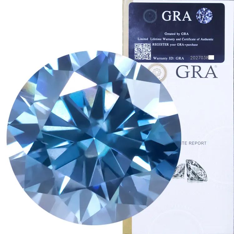 Toptan sentetik GRA sertifikası moissanite takı yuvarlak parlak kesim tüm boyutları mavi VVS serbest moissanit elmas