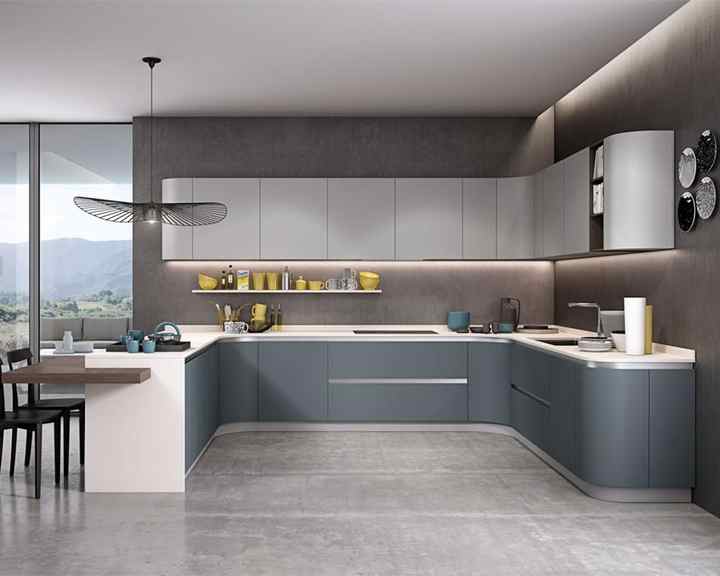 2019 Hangzhou Vermont Villa House White L Shape Island Modern MDF Wood Flat Curved Kitchen Cabinet