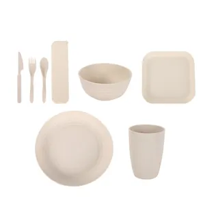 32pcs 친환경 깨지지 않는 식기 대나무 섬유 경량 접시 컵 그릇 밀 밀짚 플라스틱 식기 세트