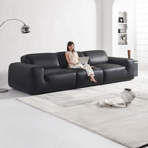 Italian Minimalist <b>Living</b> <b>Room</b> <b>Sofa</b> Big Black Cowhide Top Layer Genuine Leather Straight Row Design Sponge - Product Image 3