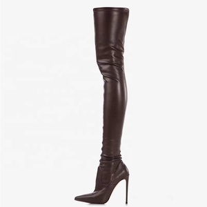 Botas Altas hasta el Muslo para Mujer, Talla 44, Ajuste Ancho, Punta Puntiaguda, de Cuero Mate, Botines Largos por Encima de la Rodilla - Product Image 1