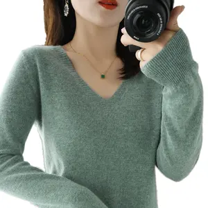 Women's Casual V-Neck Pullover Sweater Autumn And Spring Solid Color Knitted Base Shirt ODM Supply