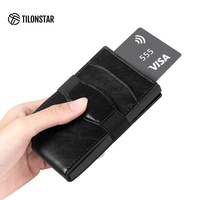 TILONSTAR TVC513 dompet penyimpan kartu pria, pemegang kartu aluminium kulit Pop Up Rfid dengan pita elastis
