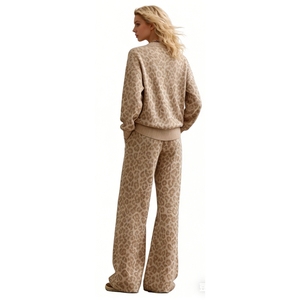 Women's Leopard Print <b>Knit</b> 2 Piece <b>Set</b> - Crew Neck Sweatshirt & Wide-Leg Pants Fashion - Product Image 2