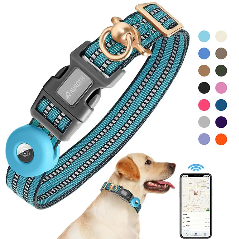 Nieuw Ontwerp Nylon Custom Honden Training Kraag Verstelbare Reflecterende Airtag Hond Halsband Voor Middelgrote Honden Met Metalen D Ring