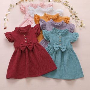 Chaud semi-col roulé robe d'été coton lin crêpe clapet manches cousu nœud robe couleur unie princesse robe pour fille - Product Image 2