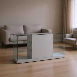 Vitrine moderne en verre de 185 cm de large, gris clair, avec portes à charnières verrouillables et deux étagères latérales - Product Image 3