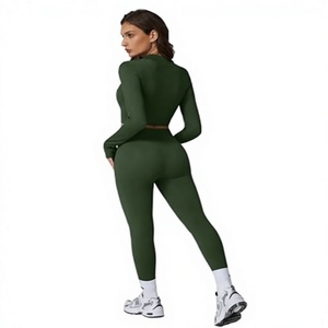 <b>Women</b> Seamless Yoga Set High Waist <b>Leggings</b> Full Length Turtleneck Top 2 Piece Stretchable Gym Wear Solid Green - Product Image 1