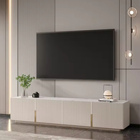 Meuble TV long et minimaliste blanc avec plateau en pierre, centre de divertissement multimédia, meuble TV pour salon