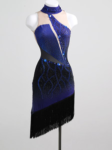 Nouvelle Robe de Danse Latine Noire et Bleue pour Femme 2026, Entièrement Ornée de Diamants, Coupe Ajustée, à Franges, pour Performance Professionnelle Adulte, en Soie/Coton, En Stock - Product Image 3