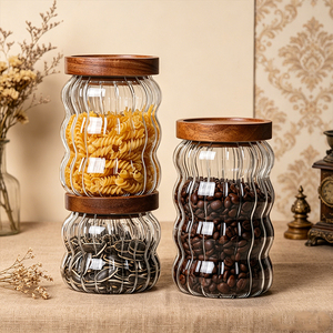 Venta al por Mayor de Frascos de Vidrio para Almacenamiento de Alimentos de 340 ml, 550 ml y 700 ml con Tapa de Madera de Acacia Oscura para Té, Granos de Café, Dulces - Product Image 5