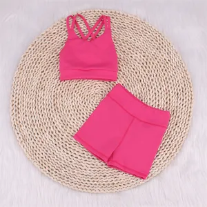 Custom Embroidery Kids Sport Set Elastic Waistband Solid Colors Cross Strap Kids Girls Yoga Outfit Wear Baby Sport Yoga Set