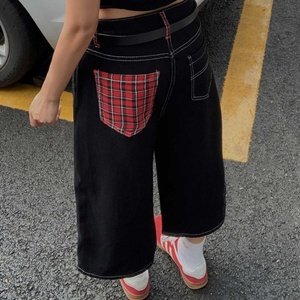 Viviblook Z612PT01 décontracté haute rue rouge Plaid Denim pantacourt pour femmes été nouveau ample droite jambe large mi pantalon - Product Image 3