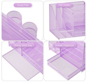Desk Organizer with <b>File</b> Holder 5-Tier Mesh Office Letter Paper Tray Organizer with 2 Upright Sections <b>File</b> Holder Rack - Product Image 3