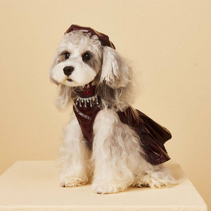 Elegant Personalized Lightweight Faux Leather Pet Dress for Small Dogs <b>Cats</b> Shiny Wine Red Skirt Tassel Rhinestone Collar - Product Image 3