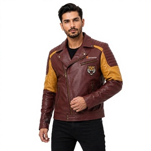 Chaqueta de Motociclista de Cuero Marrón para Hombre Tiierwear con Parche de Tigre, Diseño de Bloques de Color, Cierre de Cremallera y Cuello Camisero - Product Image 1