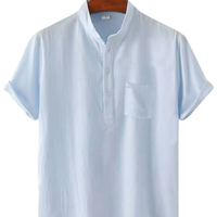 Chemise Polo Homme à Col Mandarin, Manches Courtes, Demi-Boutonnage, Style Henley, avec Poche, Coupe Ample, Manches Roulées, Décontractée, Tissée, pour l'Été