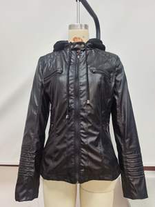 <span class=keywords><strong>Veste</strong></span> à capuche en <span class=keywords><strong>cuir</strong></span> PU <span class=keywords><strong>noir</strong></span> pour femmes, poche avant, fermeture éclair, coupe ajustée, vestes à capuche en faux <span class=keywords><strong>cuir</strong></span> pour femmes 7XL - Product Image 4