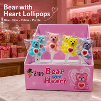 Sucette en forme d'ours avec cœur central, certifiée Halal, bonbon dur emballé individuellement pour présentoirs de vente au détail et coffrets cadeaux