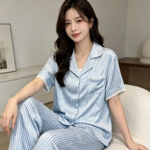 New Breathable Soft Casual Short-sleeved Long-pants Regular Pajama Home Wear Set for Women Blue Night Suit Summer Top