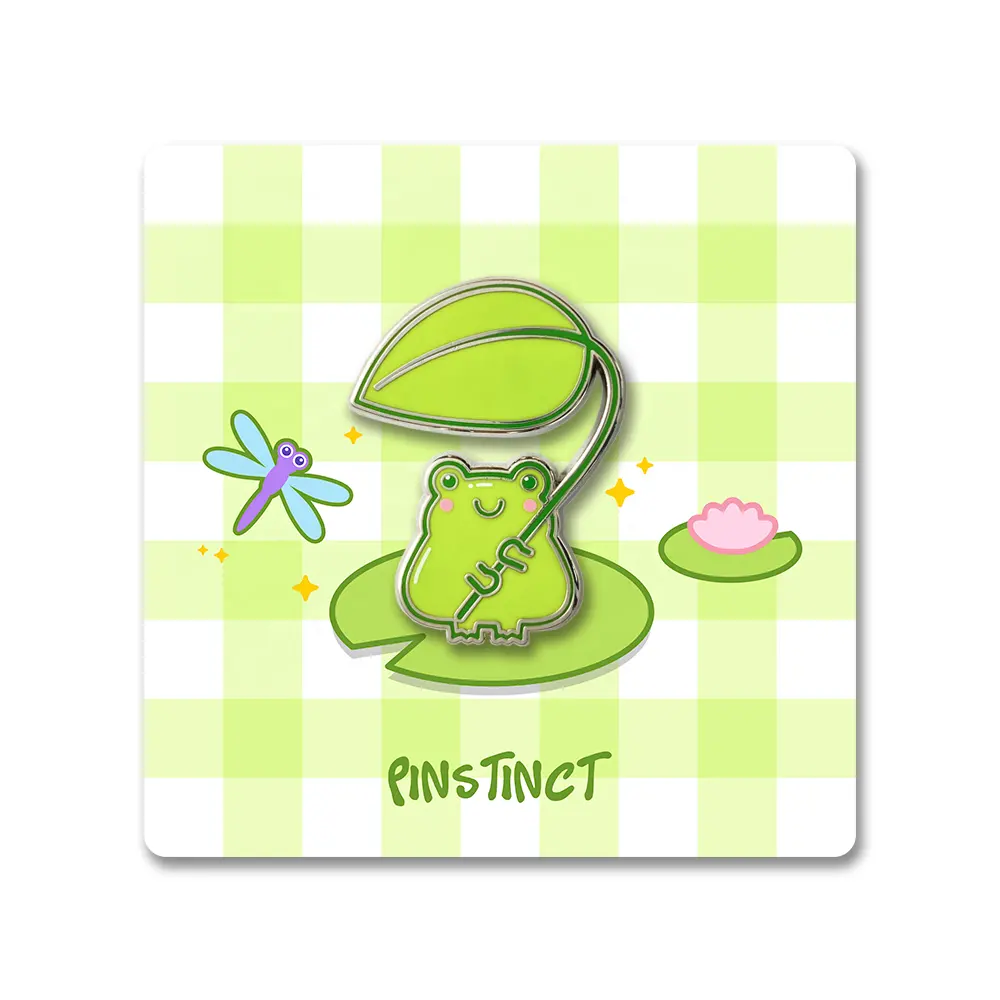 PINSTINCT En Stock Épinglette Design Original Vert Grenouille Feuille Animal Émail Dur Épinglette Avec Carte De Support