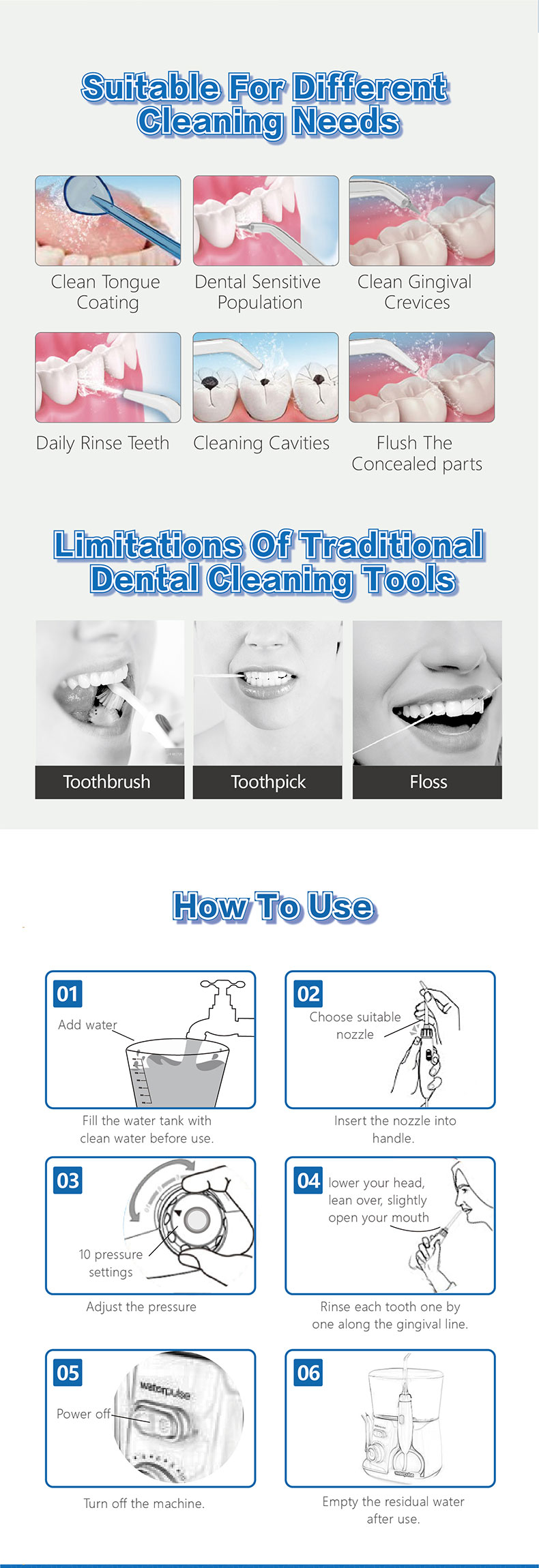 Waterpulse Home Use V300 Dental Water Flosser Oral Cleaning Irrigator For Teeth SPA CE FCC Certificate