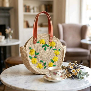 Multicolor Embroidered <b>Raffia</b> Tote <b>Bag</b> Zipper Closure Two <b>Shoulder</b> Straps Eco-Friendly 3L+ Capacity Women Multi-Purpose Use - Product Image 1
