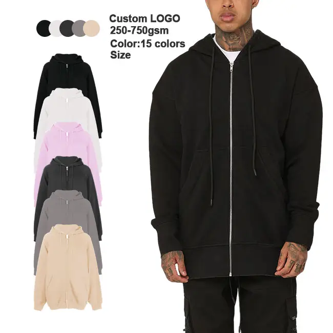 100% cotton Custom logo design blank zipper Hoodie Plus size streetwear Men drop shoulder zip up hoodies for men